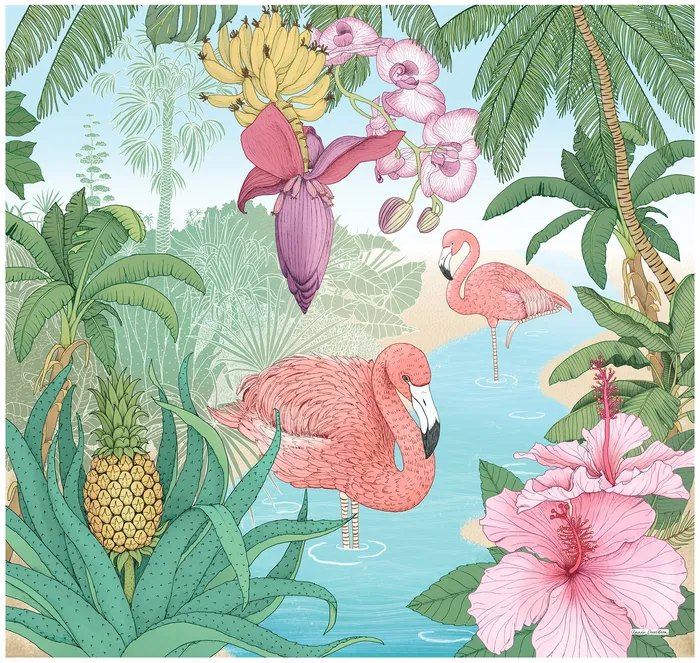 Tropical flamingo-themed wall mural for My Ocean