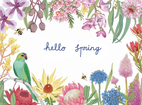 Spring flowers and birds around 'hello spring' text by Annie Davidson