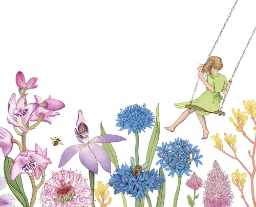 Girl on swing surrounded by colorful flowers and bees by Annie Davidson