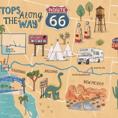 Route 66 illustrated travel map with cars, landmarks, and wildlife by Annie Davidson