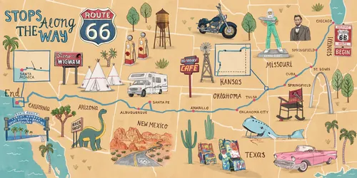 Route 66 illustrated travel map with cars, landmarks, and wildlife by Annie Davidson