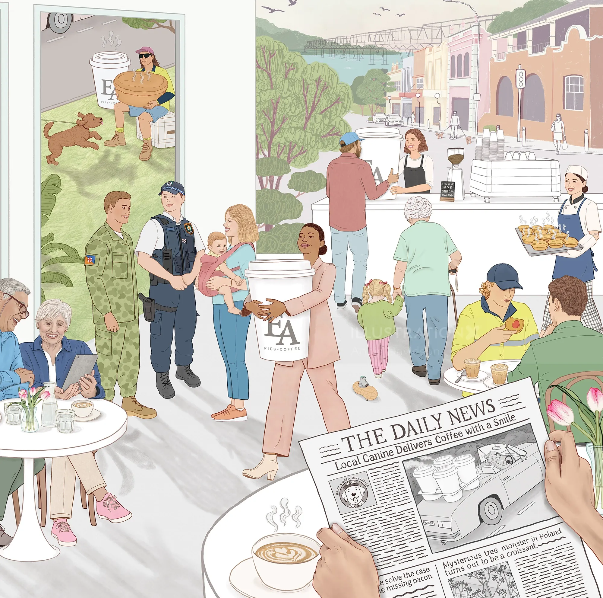 Illustration of a busy cafe mural with diverse people and a newspaper by Annie Davidson