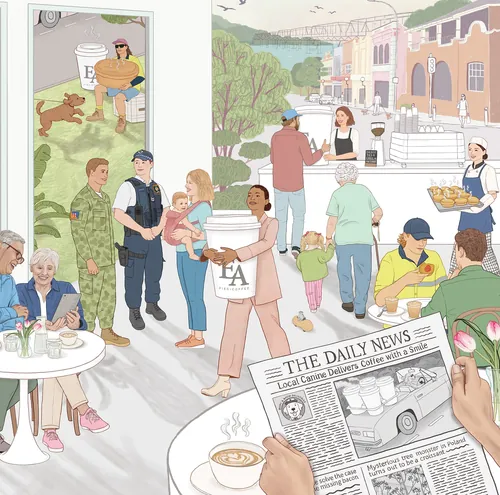 Illustration of a busy cafe mural with diverse people and a newspaper by Annie Davidson