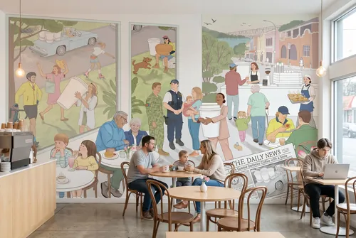 Cafe scene with customers and a large colorful mural by Annie Davidson