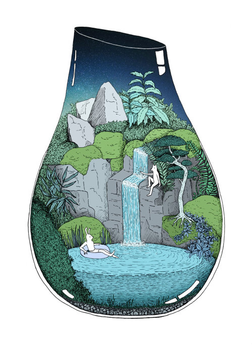 illustration, swim, waterfall, escape, terrarium