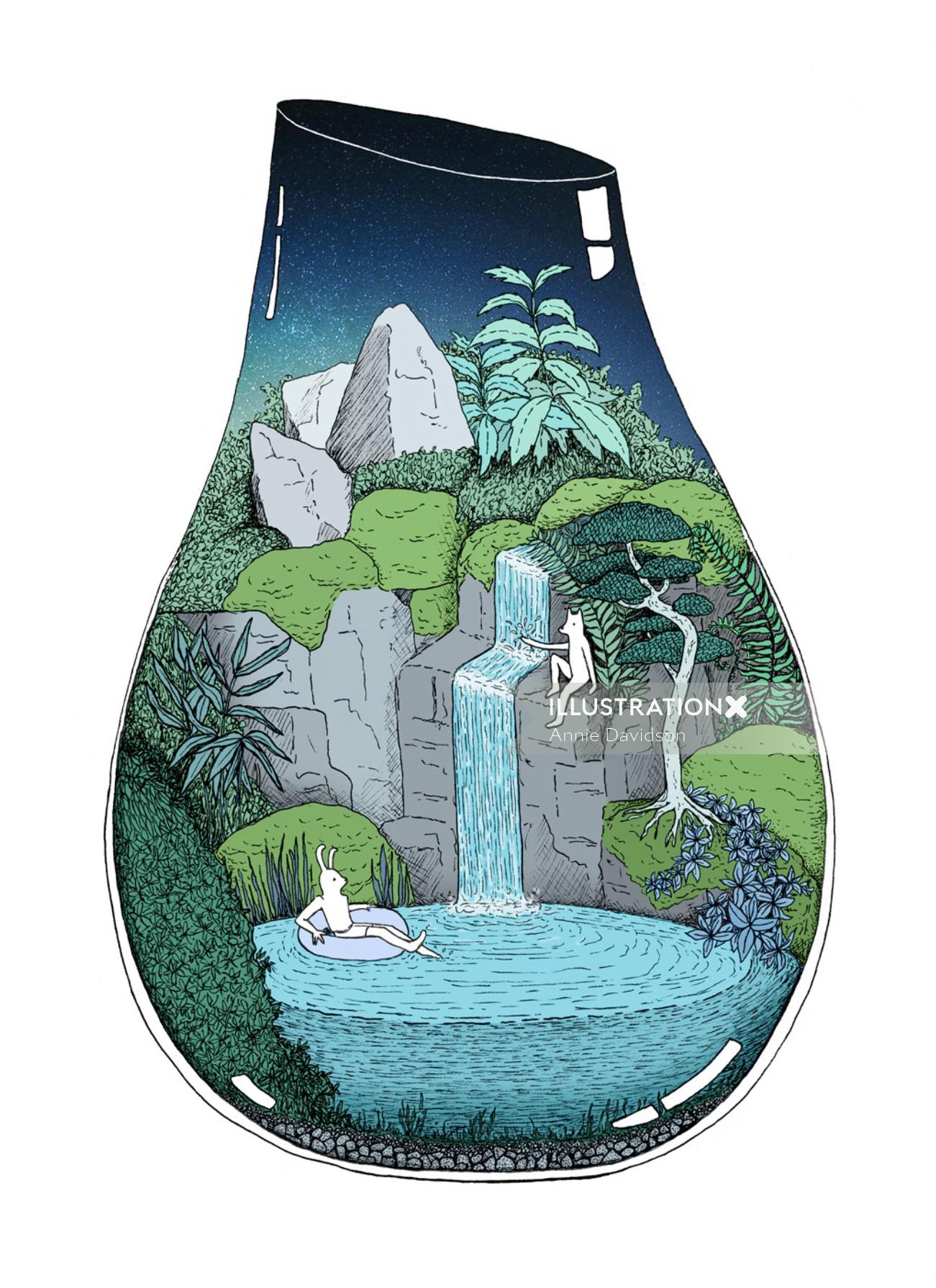 illustration, swim, waterfall, escape, terrarium