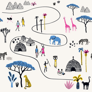 Dibujo lineal coloreado de animales y personas del Serengeti.