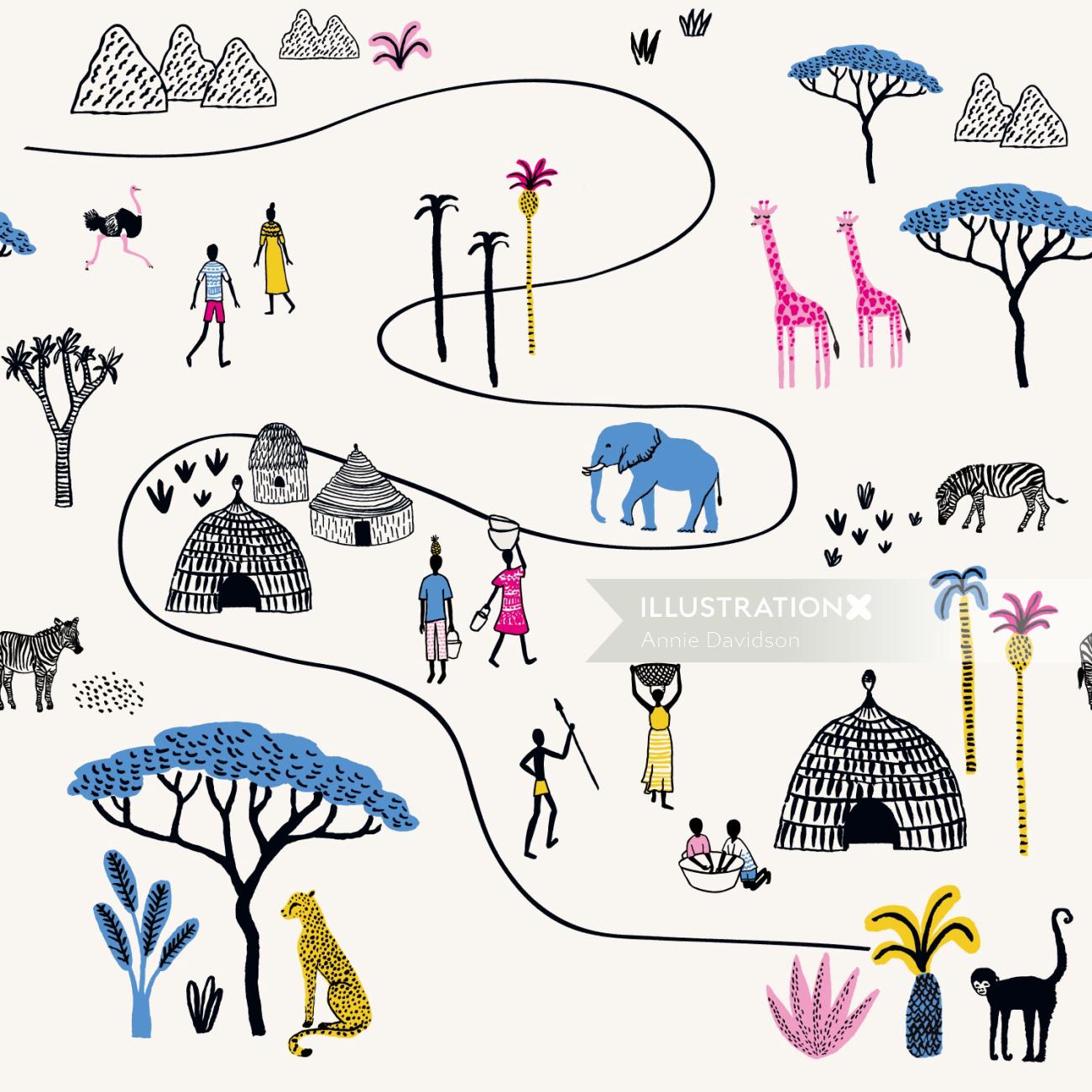 Coloured line drawing of Serengeti animals, people