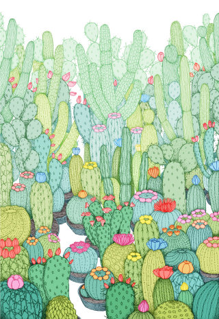 Pintura de acuarela de jardín de cactus.