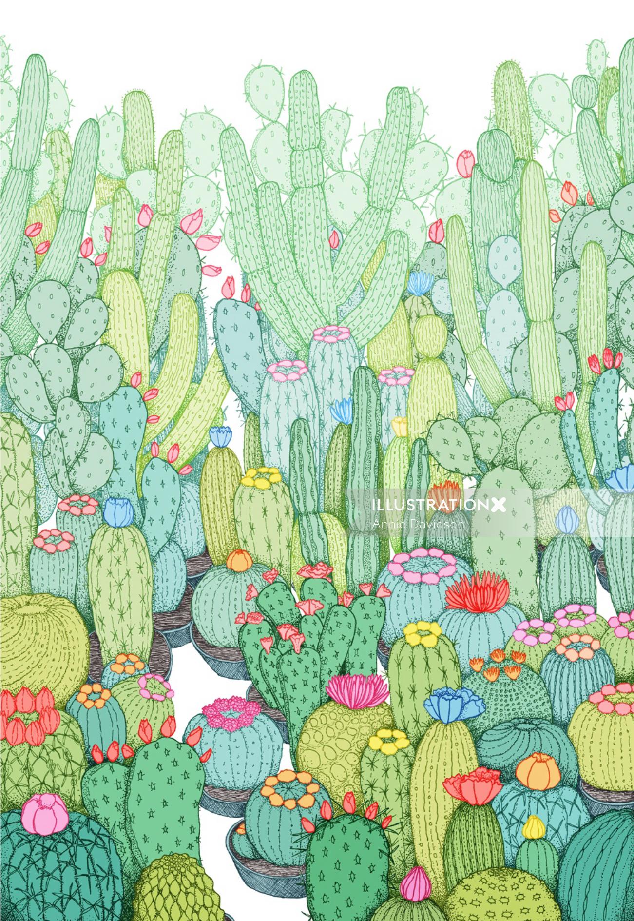 Cactus garden watercolour painting