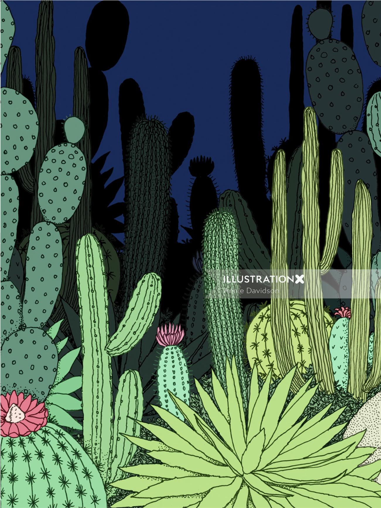 Graphical design of cacti garden in night