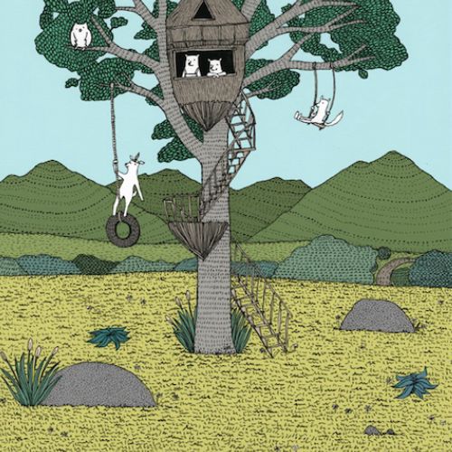 Animation of animals swinging on tree
