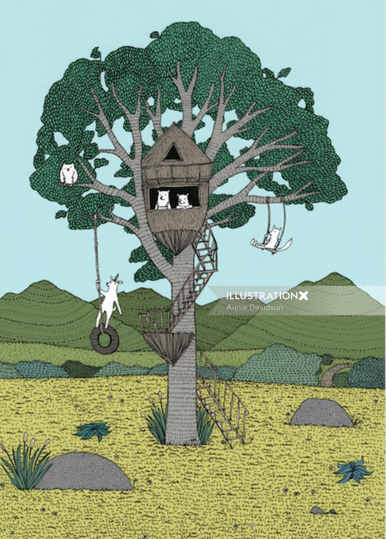 Animation of animals swinging on tree
