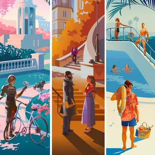 Outdoor scenes with bicyclist, couple talking, and people by a pool.
