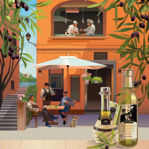 Outdoor cafe with chefs, customers, and olive oil bottles displayed