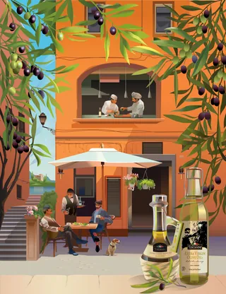 Outdoor cafe with chefs, customers, and olive oil bottles displayed