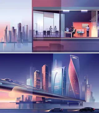 City skyline with futuristic skyscrapers and elevated high-speed train