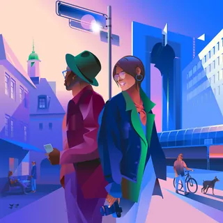 Man and woman standing back to back in colorful city setting