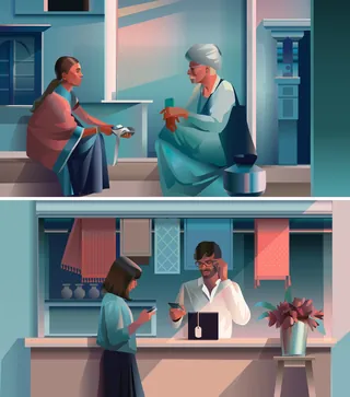 Two scenes of people talking in traditional homes and shops.