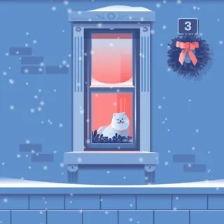 White cat on windowsill inside snowy house with Christmas wreath outside