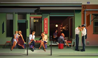 Group of people chatting and drinking outside a bar at night