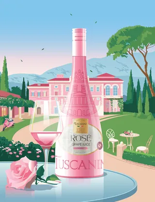Pink rosé wine bottle and glass in Tuscan garden setting