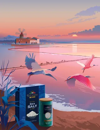 Flamingos flying above salt flat near windmill at sunset