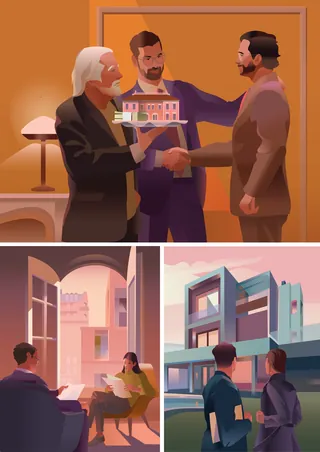 Two men shaking hands, a model home, and modern buildings viewed by people.