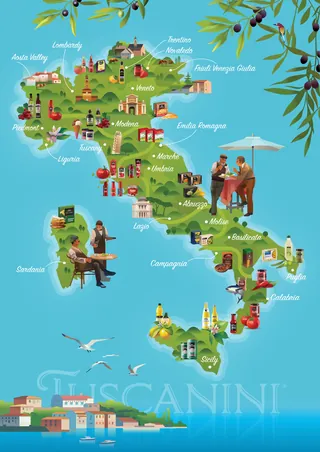Colorful Italy map with regional foods, landmarks, and dining scenes illustration.