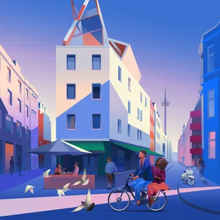 Urban street with people riding bicycles, pigeons, and tall buildings at dusk