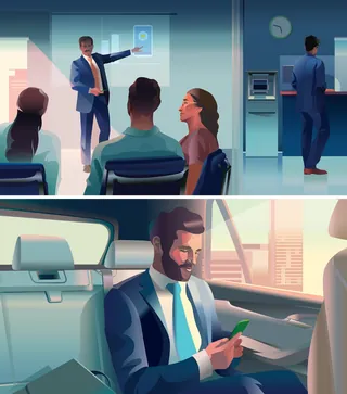 Businessman presenting to audience and checking phone in car