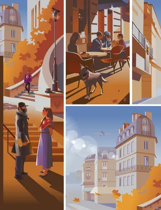 City street scenes in autumn with people, stairs, dog, and buildings.