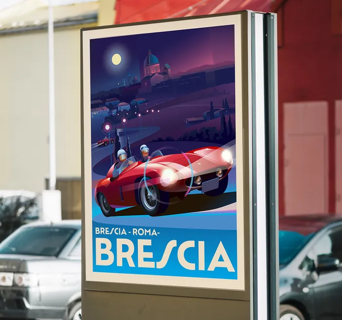 Vintage red sports car with people driving at night in Brescia poster