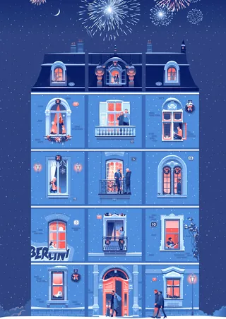 Blue building at night with people in windows and fireworks in the sky