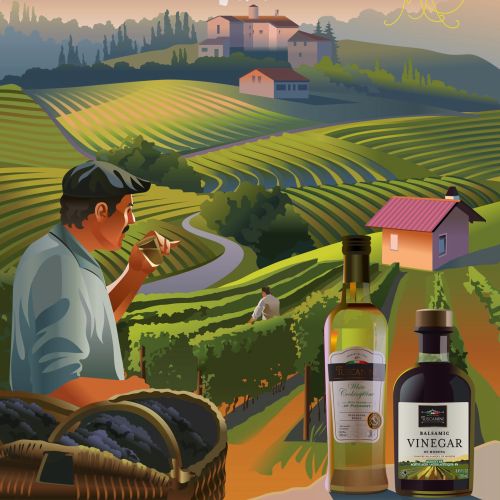 Man tasting wine in vineyard with rolling hills and buildings