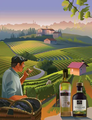 Man tasting wine in vineyard with rolling hills and buildings