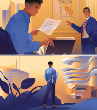 Two businessmen reviewing guaranteed minimum rates and futuristic buildings.