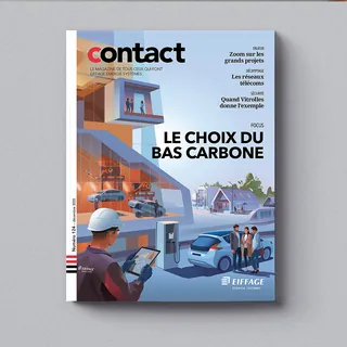 Magazine cover on carbon choices with construction and urban scenes