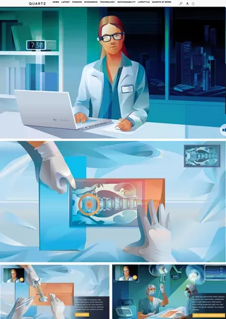 Scientist using holographic display and digital screens in futuristic lab