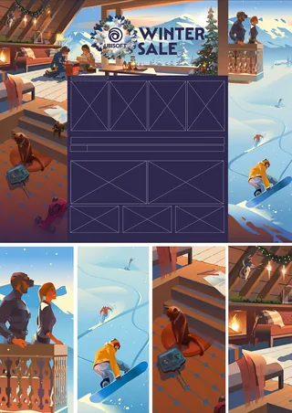 Winter sale banner with skiers and mountain lodge indoor scenes