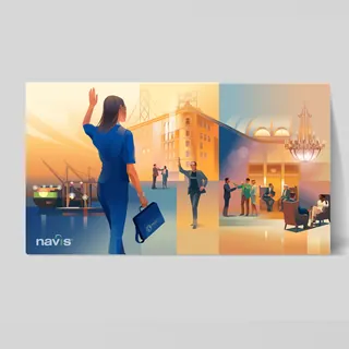 Woman waving with city, business, and lounge backgrounds