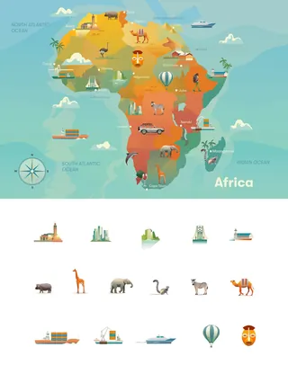 Illustrated African map showing animals, landmarks, and geographical features