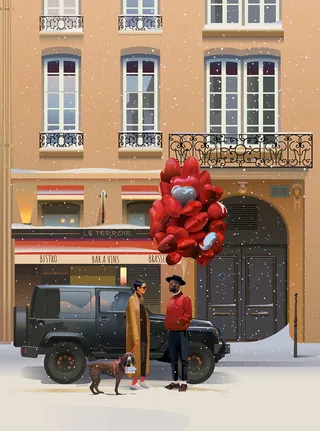 Couple with dog and heart balloons by car in snowy city street
