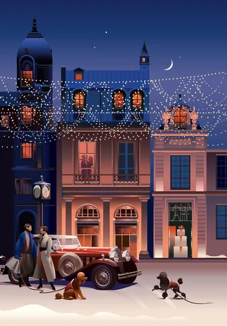 Nighttime vintage street with classic car, people, and dogs walking