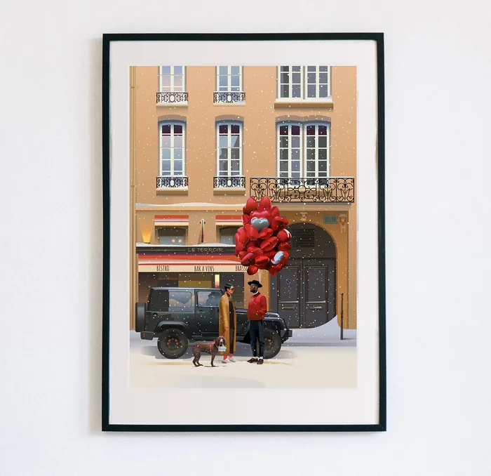 Person and dog on sidewalk with red heart balloons in front of a building