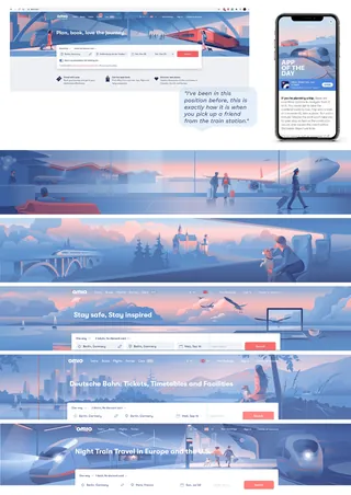Website and mobile screens showing train and travel booking interface