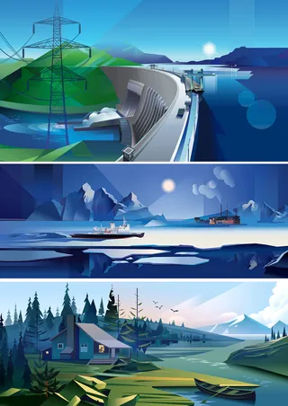 Hydroelectric dam, polar ships navigating ice, and forest cabin with mountain view