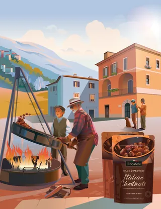 Two people roasting chestnuts over open fire in village square