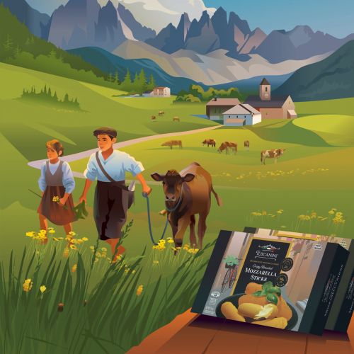 Farmers leading a cow in a meadow with mountains and village in background