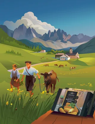 Farmers leading a cow in a meadow with mountains and village in background